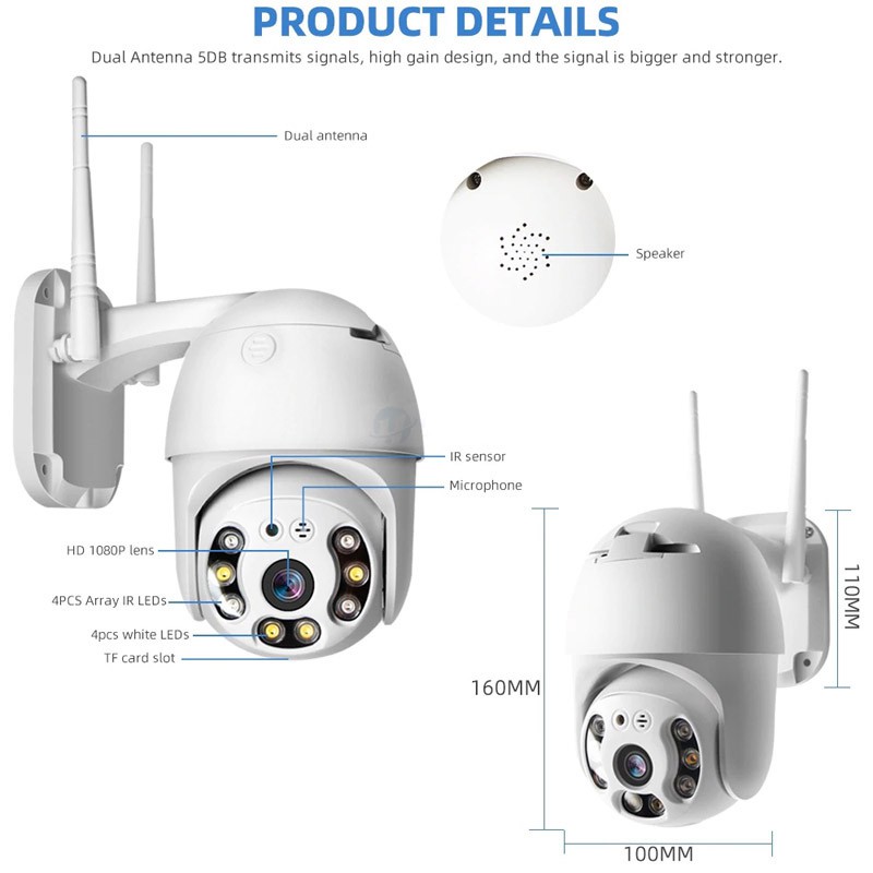 Camera IP Wifi Ngoài trời Yoosee GW-D08s PTZ 2 Râu FullHD 1080P 4 LED trợ sáng, 4 LED hồng ngoại, xoay 355° (Trắng)
