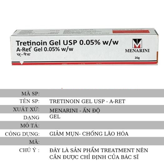 Tretinoin Aret ⚜️ Auth Date Mới ⚜️ Tretinoin tuýp 20gr - Giảm mụn, mờ thâm nám, chống lão hóa ( Tre gel usp A-Ret Ấn)