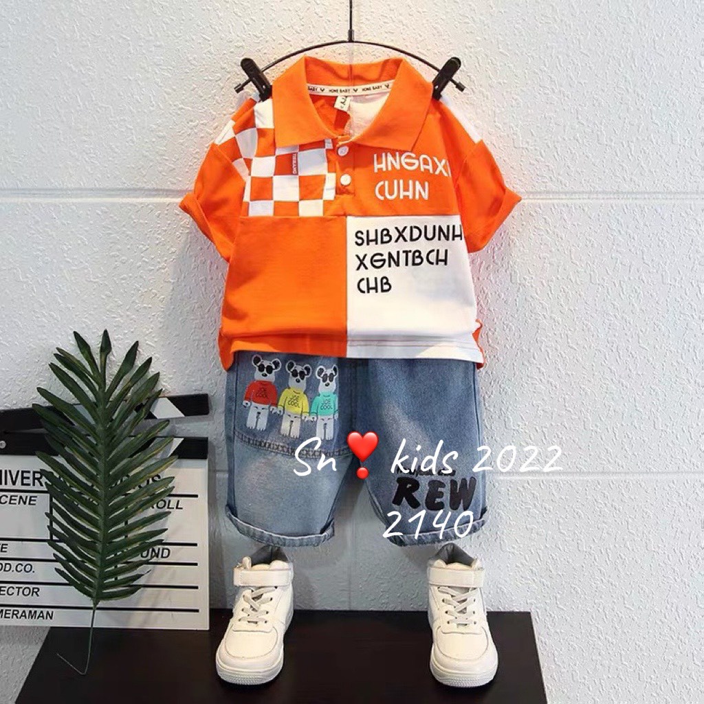 Bộ quần áo cộc tay bé trai kiểu dáng hàn quốc, set áo polo hoạ tiêt HNGAXI phối quần bò ngố cho bé size 10-32kg