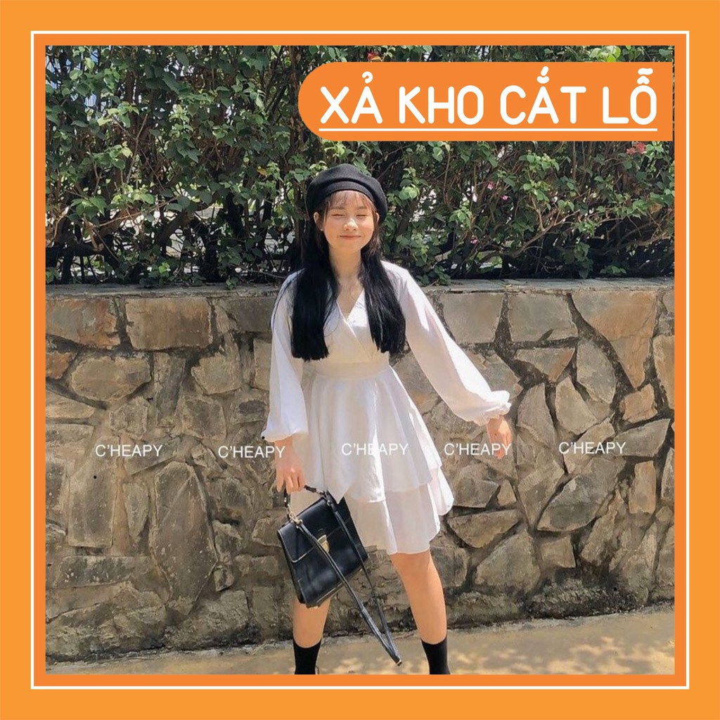 VÁY XOÈ 2 TẦNG CỔ V Dài Tay màu Trắng - White dress [ Deal khủng ]