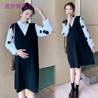Thời Trang Đầm Bầu Chấm Bi Tay Dài Giả Hai Lớp Xinh Xắn