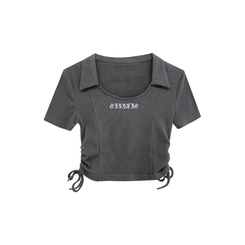 Áo thun MMIOT ngắn tay cổ chữ U phối dây rút thêu chữ thời trang mùa hè 2023 cho nữ