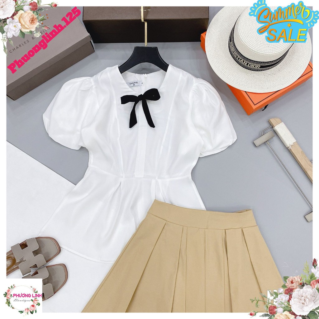 ÁO SƠ MI PEPLUM ĐÍNH NƠ ĐEN TAY BỒNG