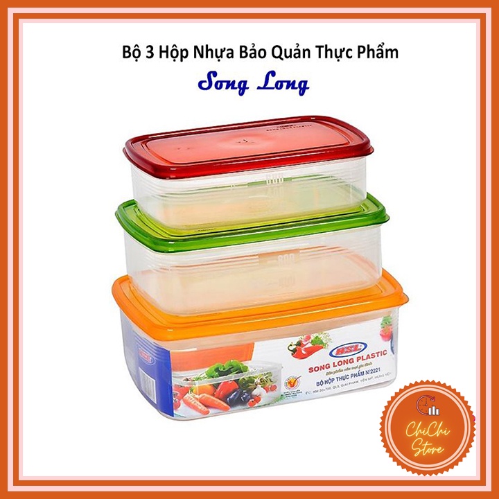 Bộ 3 Hộp Nhựa Đựng Thực Phẩm Song Long 2221 nắp nhiều màu,bộ hộp đựng thức ăn,trữ đồ đông an toàn đảm bảo_CC888
