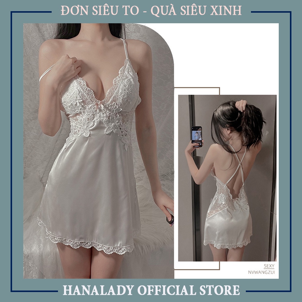 Váy ngủ lụa đầm ngủ phối ren hoa quyến rũ cao cấp HanaLadyStore V508