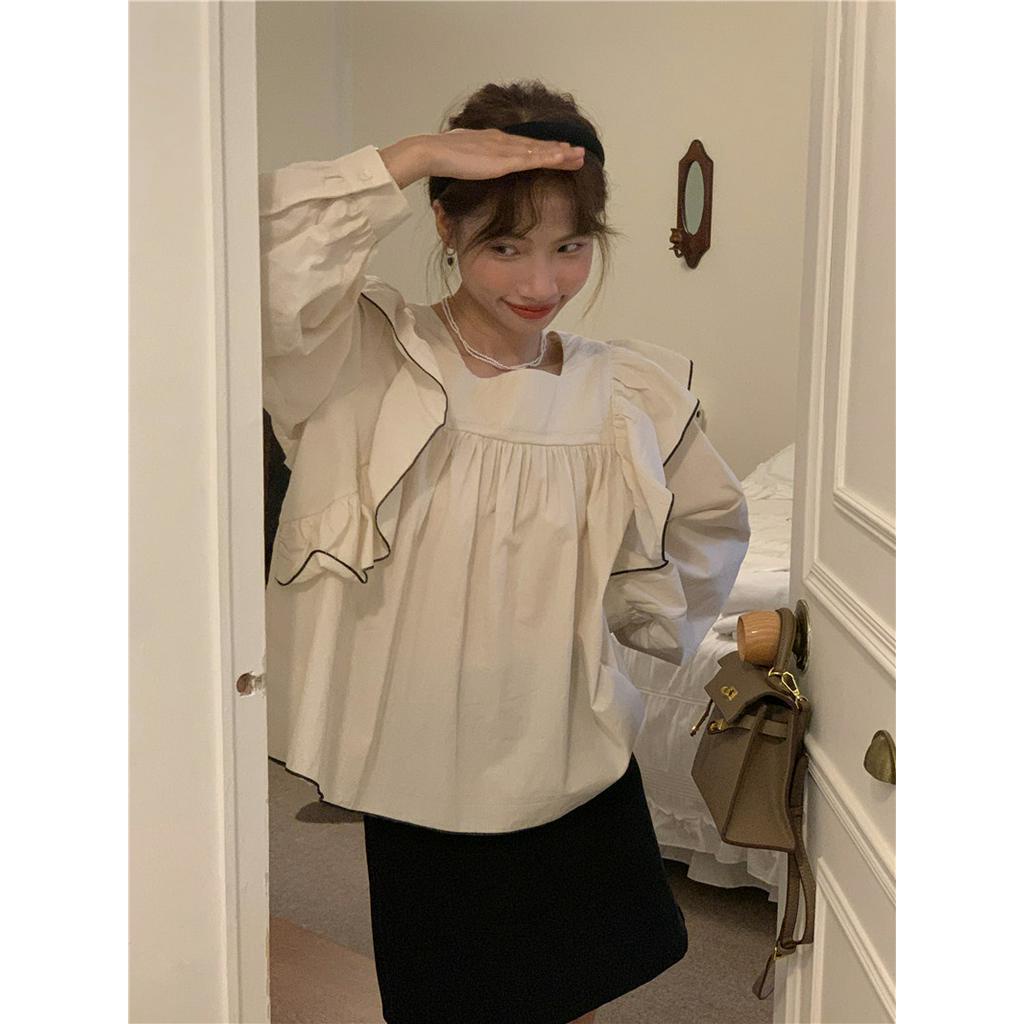 Áo Sơ Mi Dài Tay Cổ Vuông Thêu Họa Tiết Phong Cách Hàn Quốc 56363