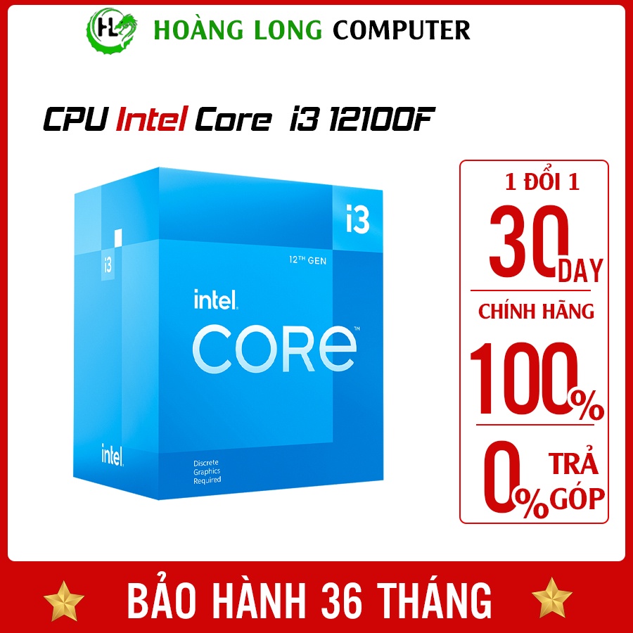 CPU Intel Core i3 12100F 3.3GHz turbo up to 4.3GHz, 4C/ 8T, 12MB Cache BOX Hàng Chính Hãng- Hoàng Long Computer