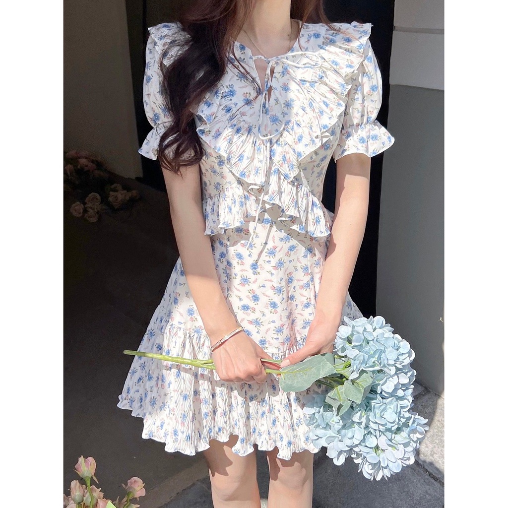Lanling flower language / pleated lotus leaf broken flower dress temperament niche design 2022 summer new high-end feeling
