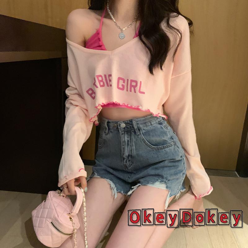 Bộ Trang Phục 2 Mảnh Gồm Áo Croptop Sát Nách Cổ Yếm Và Áo Thun Dài Tay In Chữ Thời Trang Dạo Phố Cho Nữ