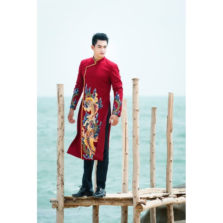 Áo dài cách tân nam họa tiết cá chép vẽ tay cao cấp