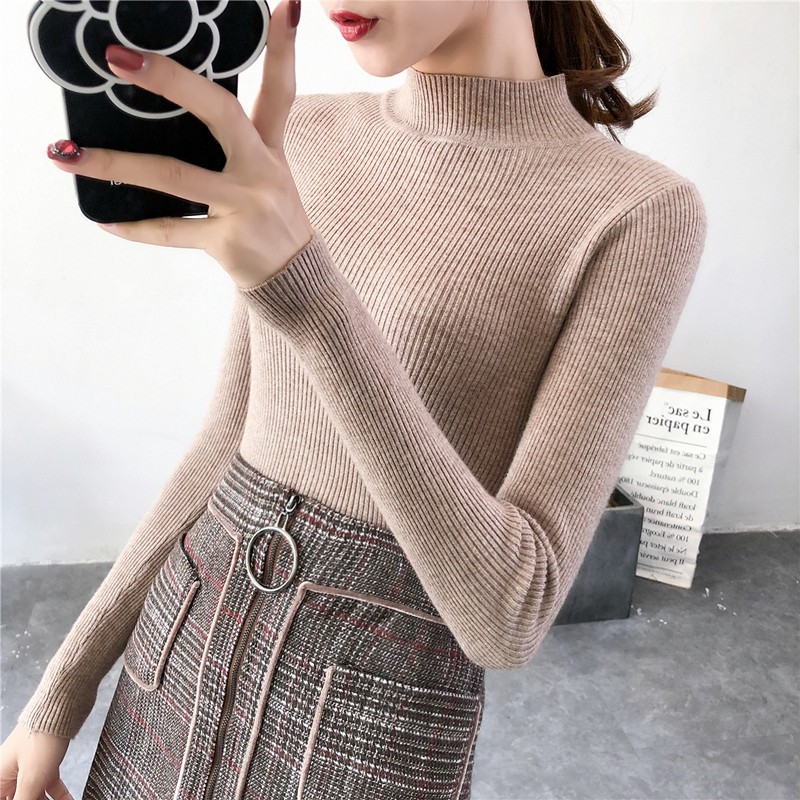 Áo thun RENJIANVSHENG tay dài cổ lọ ôm dáng thời trang cao cấp cho nữ