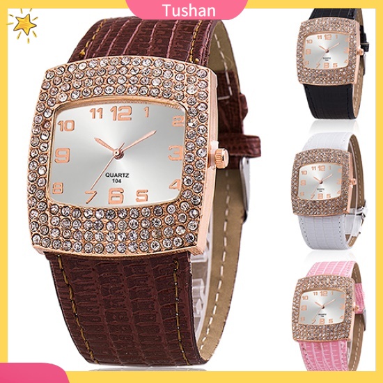 Đồng hồ mặt vuông đính đá phối dây đeo giả da cho nữ