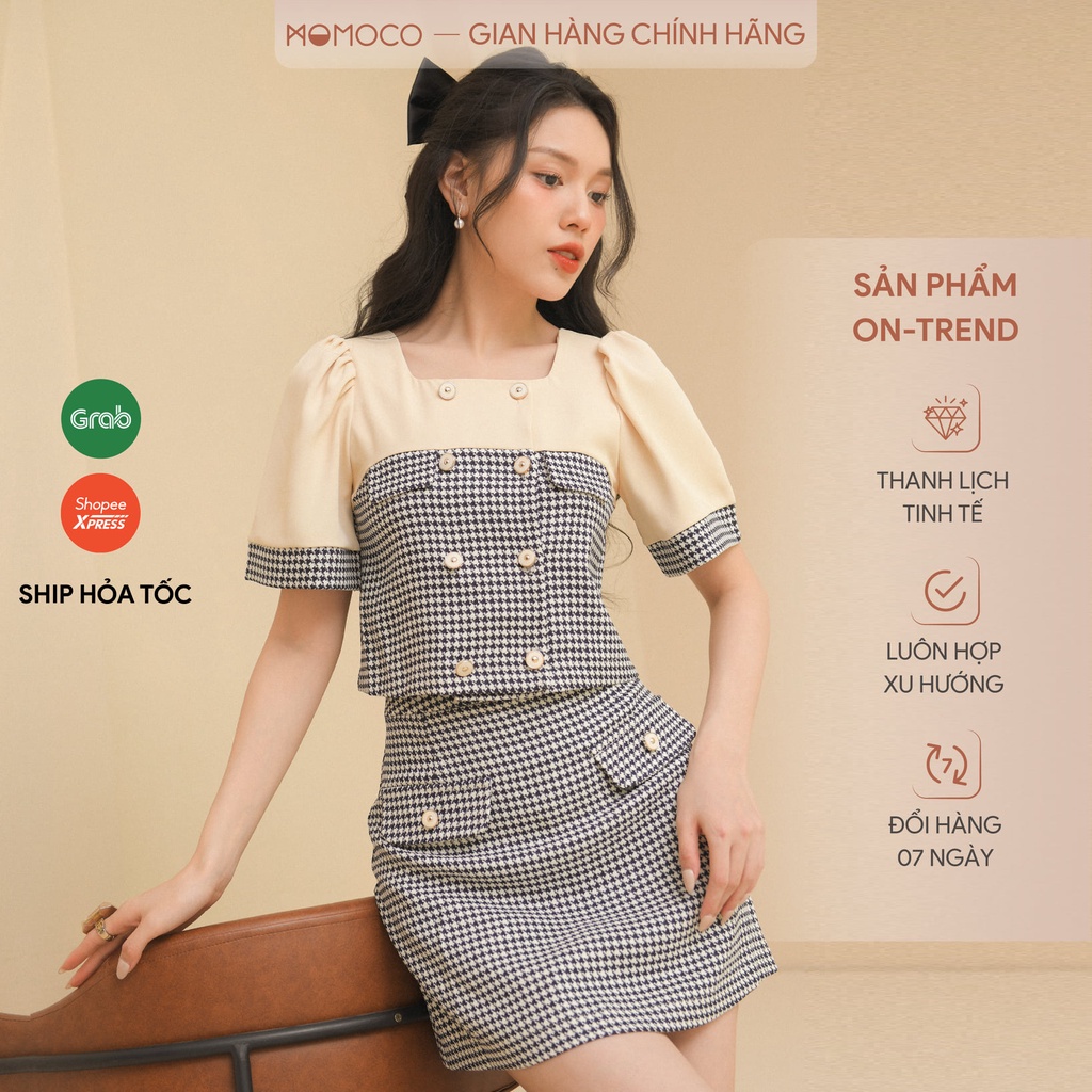 Set Váy Áo Nữ MOMOCO phối màu cổ U họa tiết kẻ én chất liệu tuýt si cao cấp thanh lịch M2890