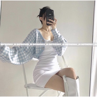 Set đầm 2 dây body + khoác crop caro