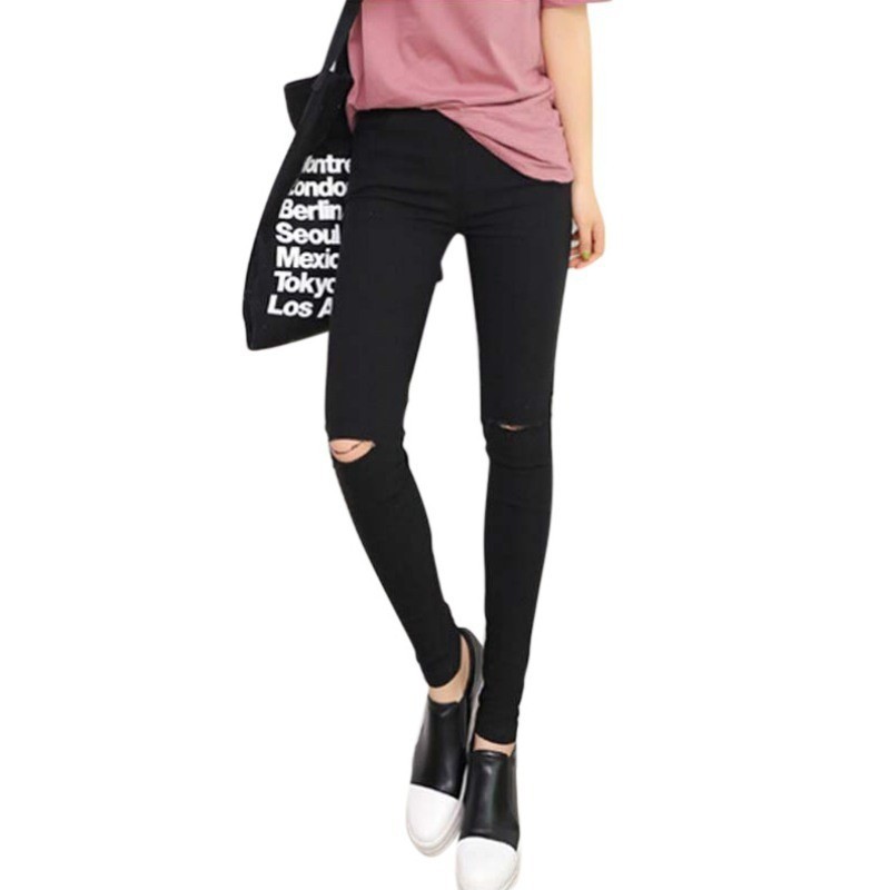 Quần legging phối rách màu trơn thời trang cho nữ