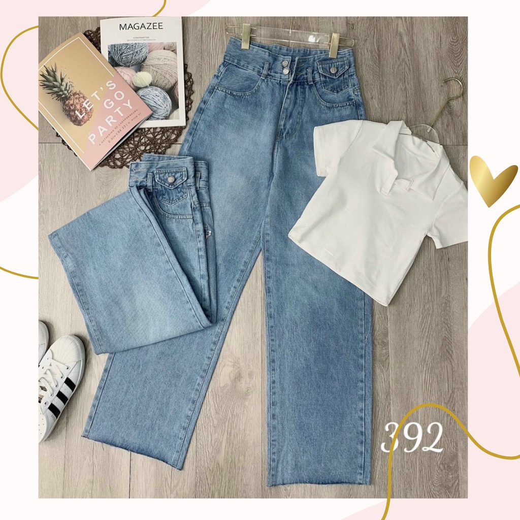 Quần Bò Nữ Ống Rộng Lưng Cao Cạp To Bản Màu Xanh Trơn Không Bo Gấu