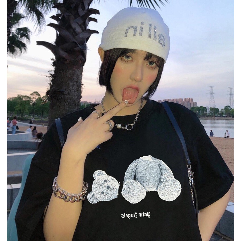 Áo thun nữ PALM ANGELS BEAR Phiên Bản Màu Tối ,áo thun tay lỡ cá tính lạ chất hè oversize-BLACK56