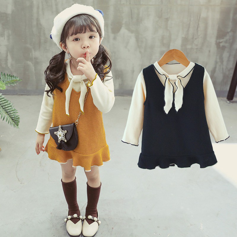 Set áo thun dài tay cổ tròn + chân váy ngắn đính nơ thời trang cho bé gái