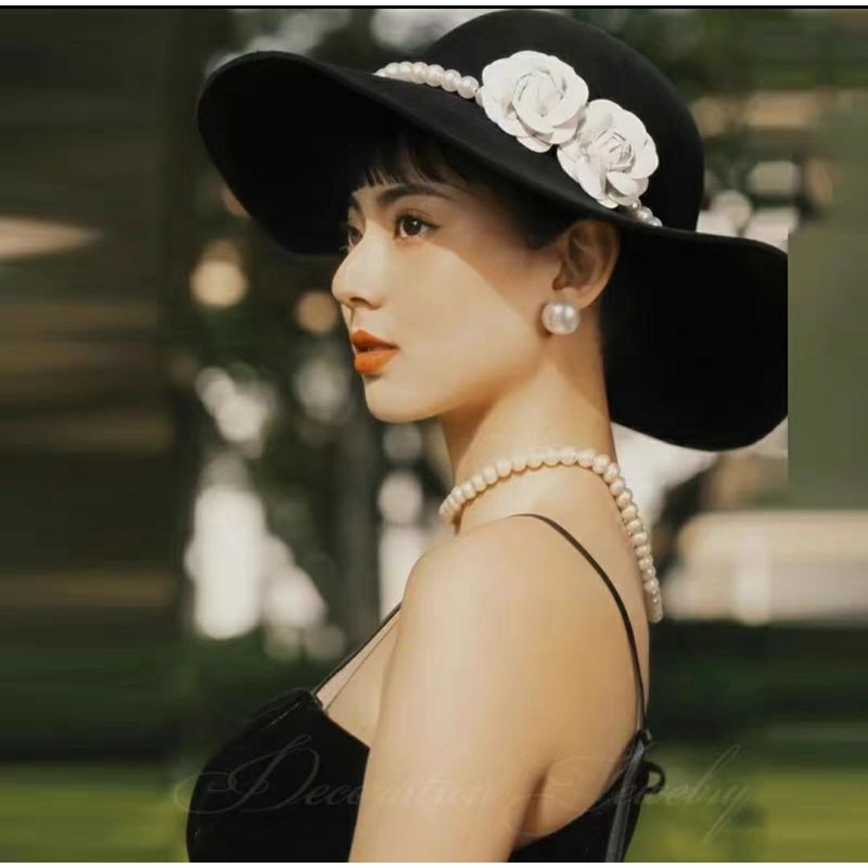 Nón nữ rộng vành fedora nỉ ngọc trai nhân tạo kết hoa sang trọng Lh0917399527