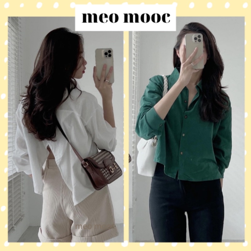 Áo sơ mi xẻ lưng, áo sơ mi xanh lá, áo sơ mi dáng ngắn xinh xắn ASM3.