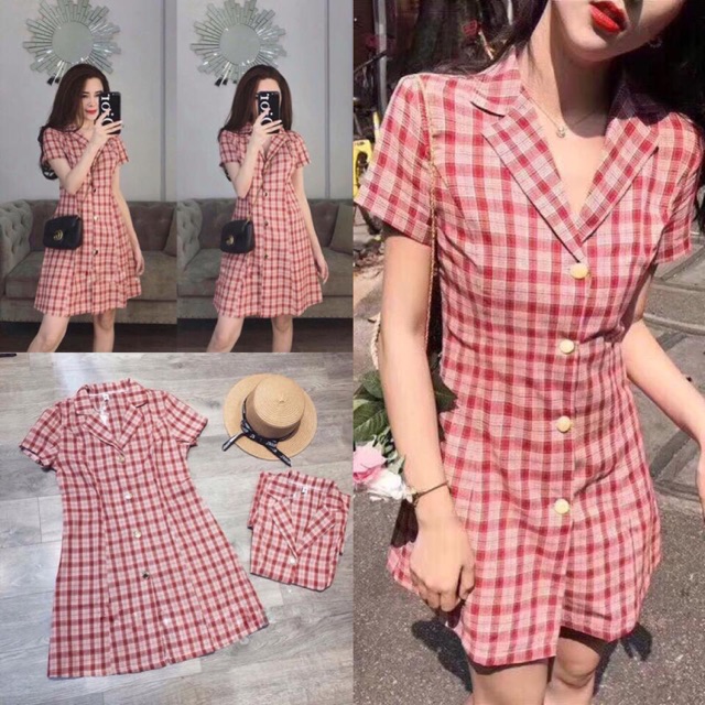 Váy kẻ cara đỏ cổ vest bổ cúc