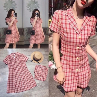Váy kẻ cara đỏ cổ vest bổ cúc