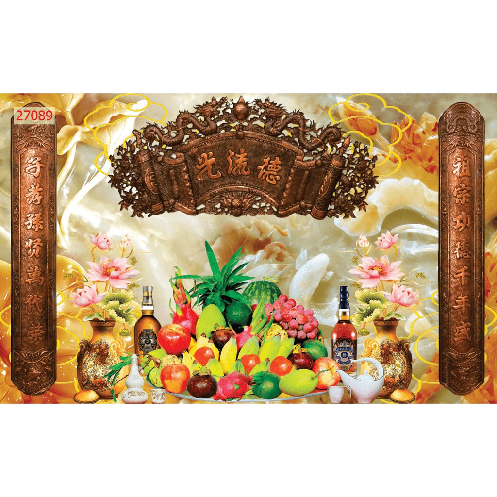 Tranh dán bàn thờ, phòng thờ khổ lớn chất liệu Vải lụa 3D chèn chữ miễn phí
