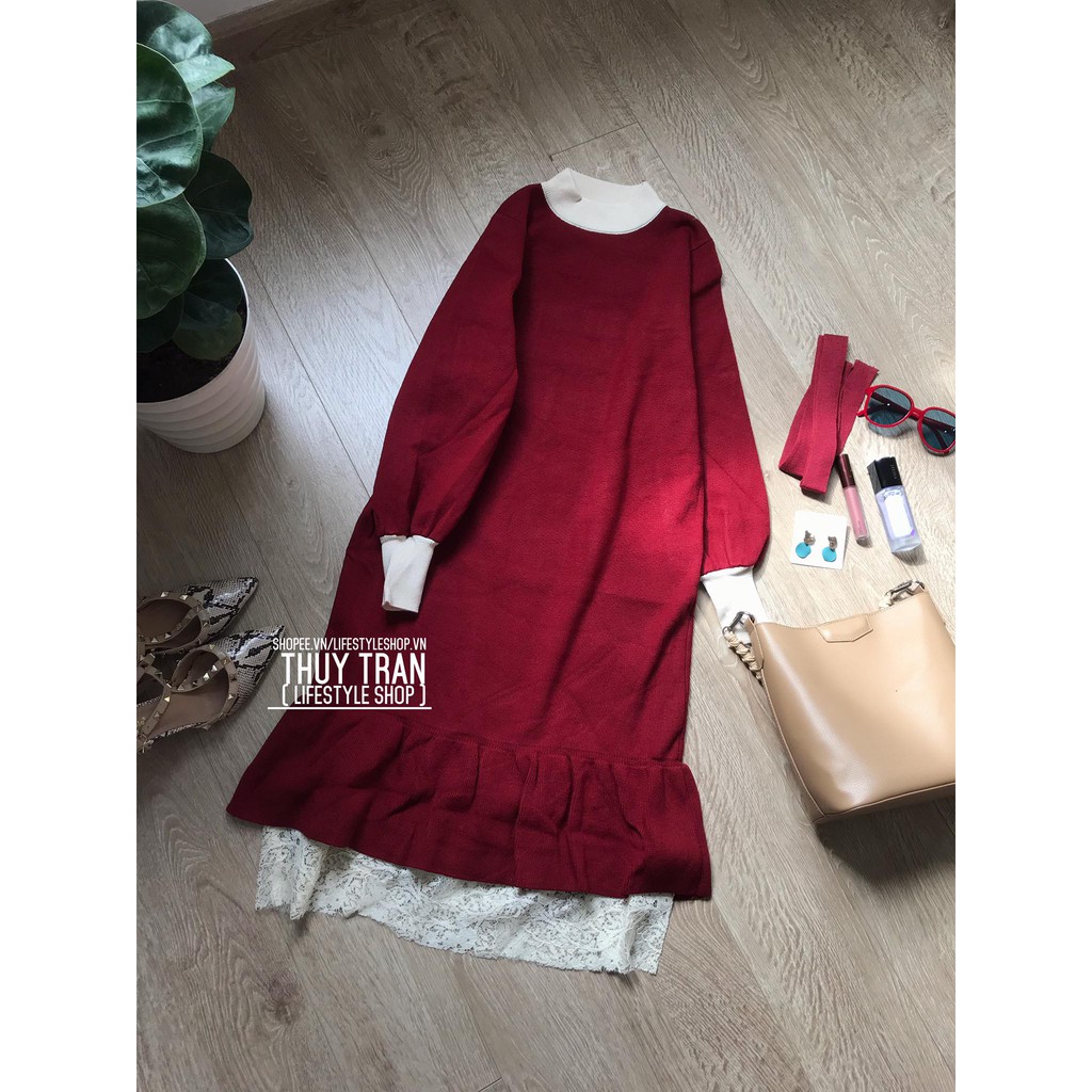 @ Váy len suông chân phối ren