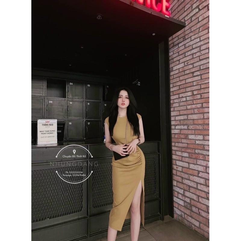 Váy body thun vai hến xẻ đùi, Đầm dáng ôm ngắn tay VS1765 - NhiNhi Shop | BigBuy360 - bigbuy360.vn
