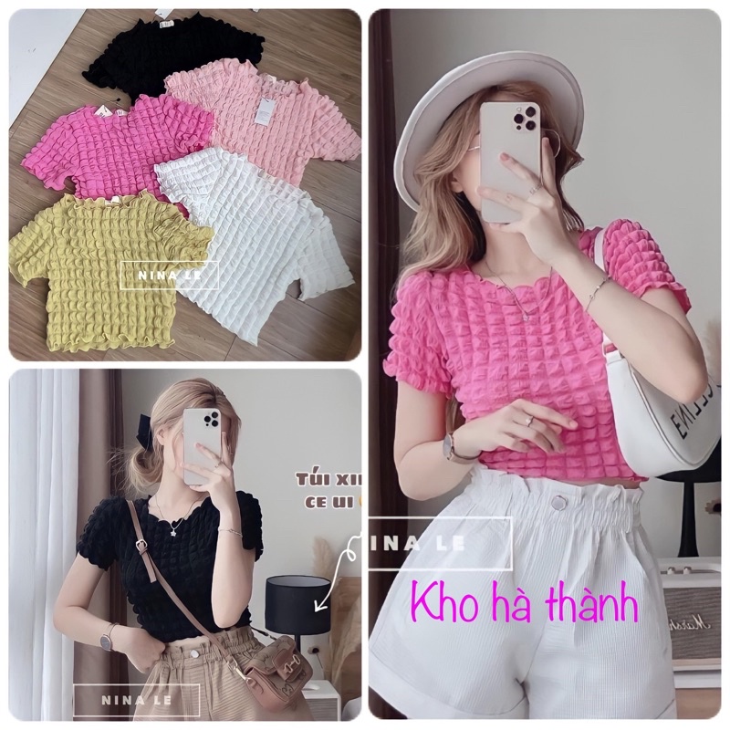Áo vải xốp cổ tròn, áo kiểu nữ ngắn tay cổ tròn