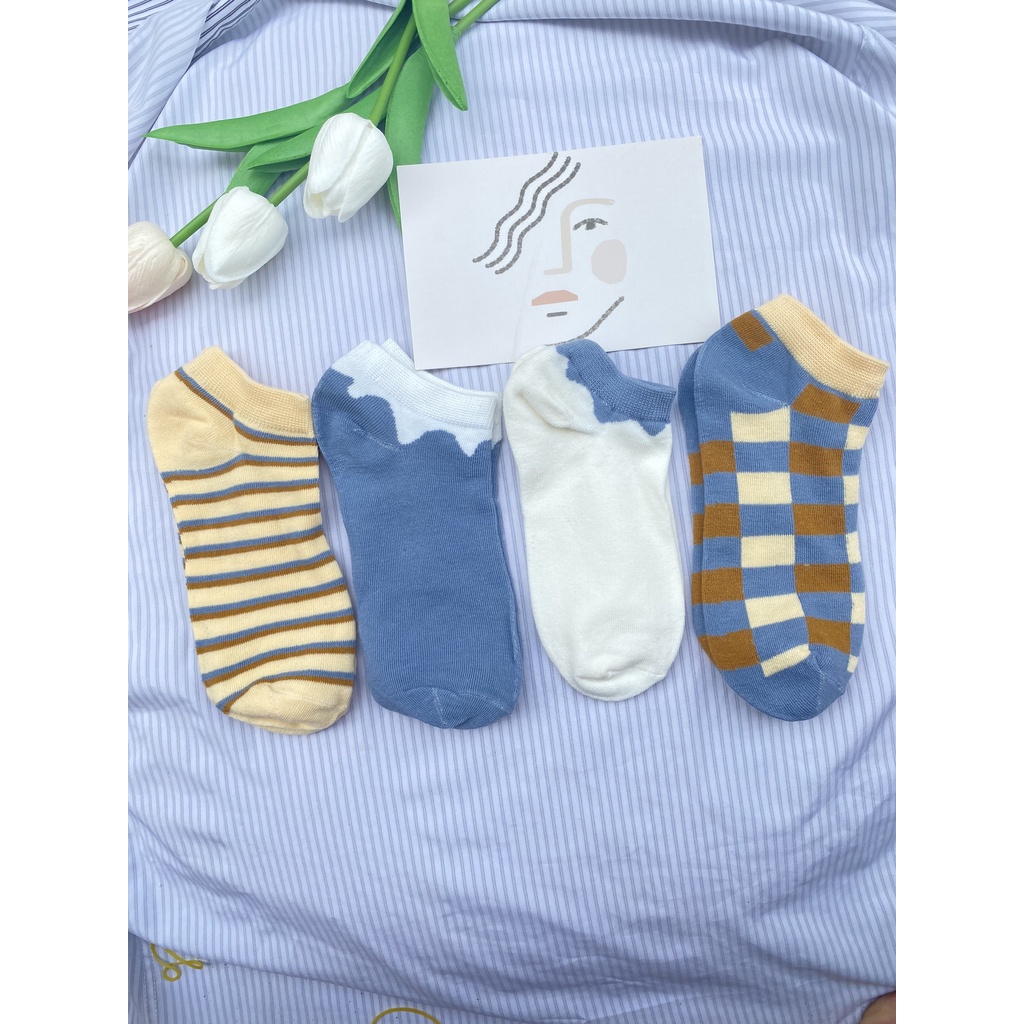 Vớ nữ cổ ngắn Muzinu tất nữ họa tiết sọc caro dễ thương TN59 V2