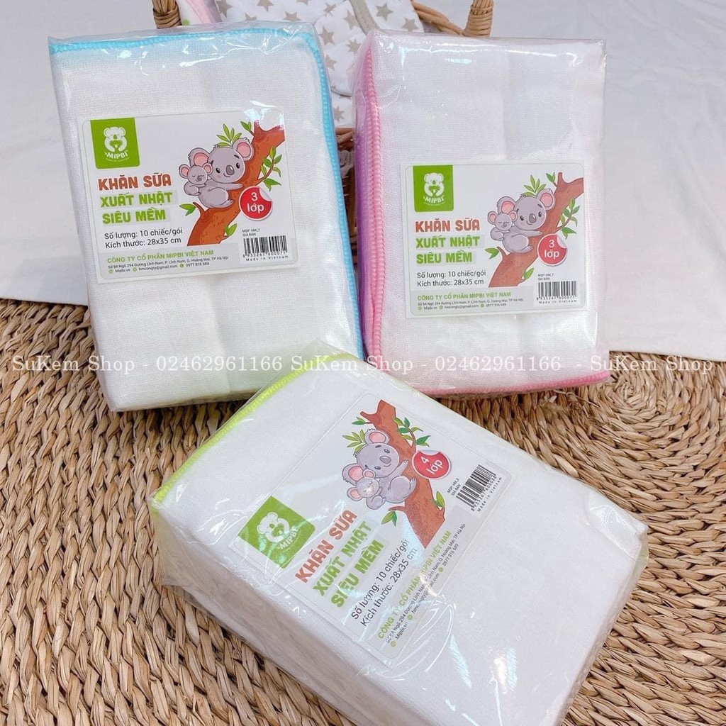 MIPBI  Khăn Sữa Khăn Xô sơ sinh Xuất Nhật 100% Cotton Tự Nhiên Set 10c