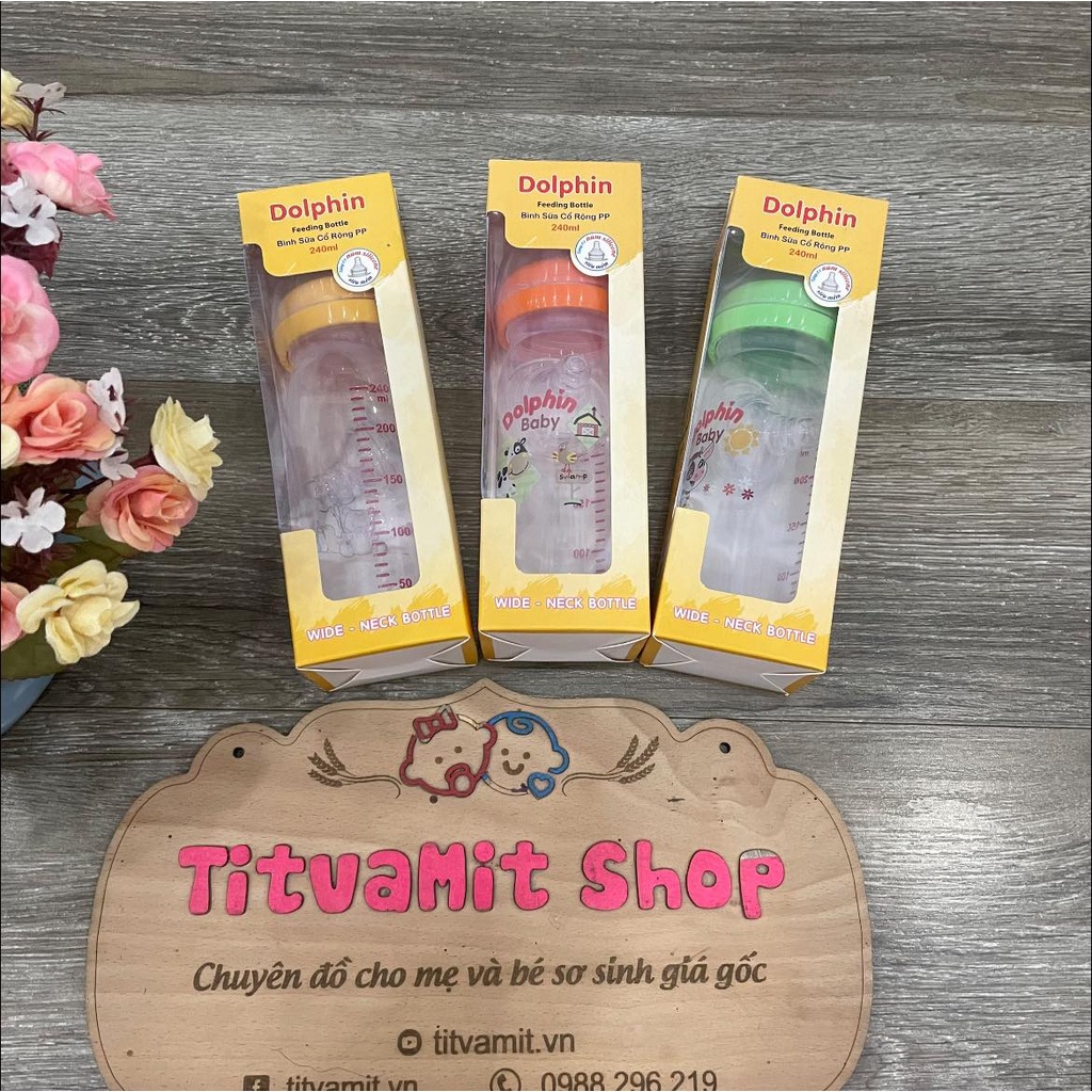 [Tặng kèm 1 núm] Bình sữa cổ rộng Dolphin 160ml, 240ml cho bé