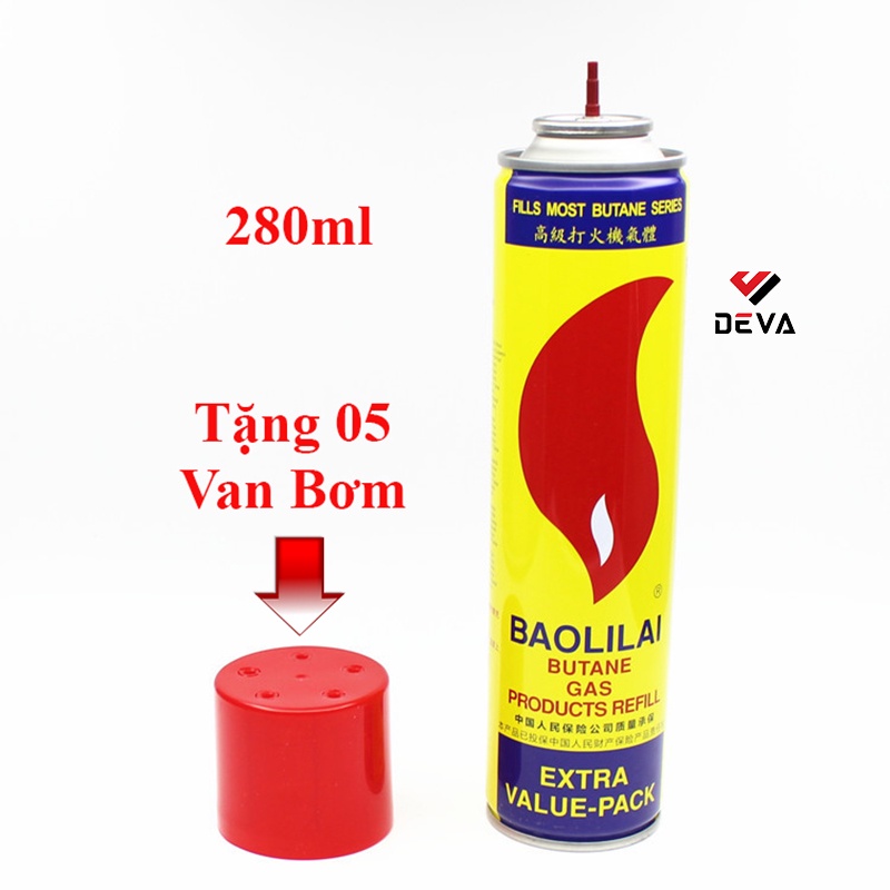 DEVA  ga bơm bật-lửa-hộp-quẹt khò BAOLILAI tặng kèm 05 đầu van bơm gas chính hãng loại 280ml