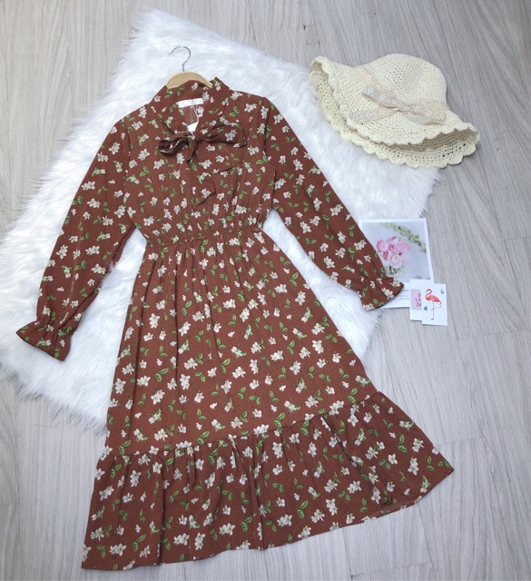 Váy - đầm hoa nhí thắt nơ dài tay