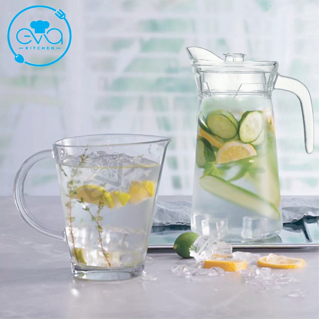 Bình Thuỷ Tinh Đựng Nước 1.6L Miệng Rót Dáng Eo Thẳng Quai Cầm EH1009 Glass Pitcher Modern Pot 1600 ML