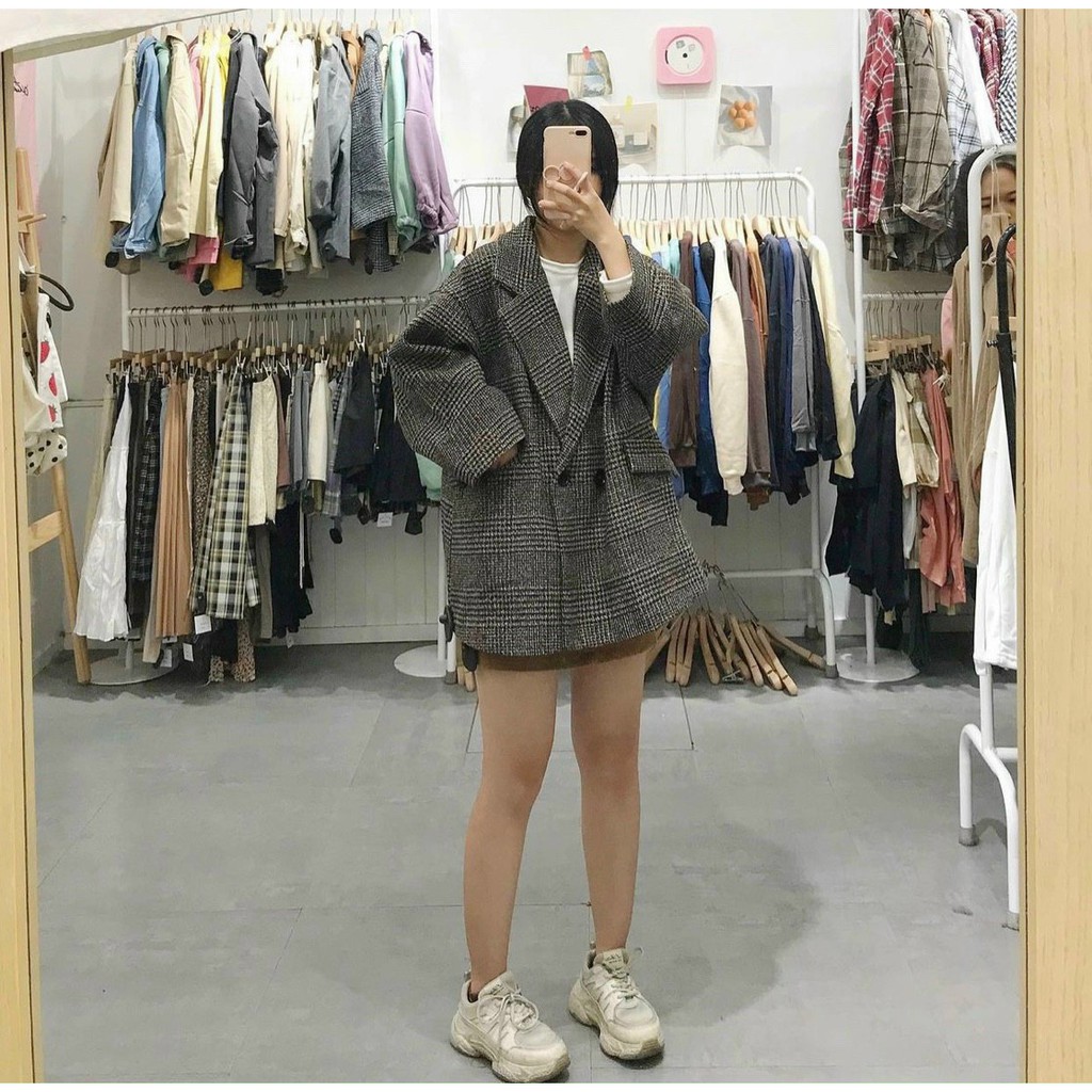 Xả Hàng Áo Khoác Dạ Kẻ Đen Đính Cúc  2 Lớp 🦋 Áo Choàng Nữ Dáng Hàn Quốc kèm ảnh thật + quà tặng xinh
