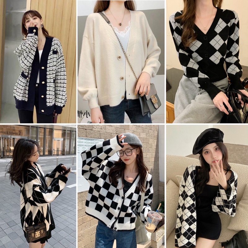 Áo cadigan len hoạ tiết, cardigan kiểu dáng rộng oversize hoạ tiết caro kim cương nhiều mẫu lựa chọn - shopbelinh