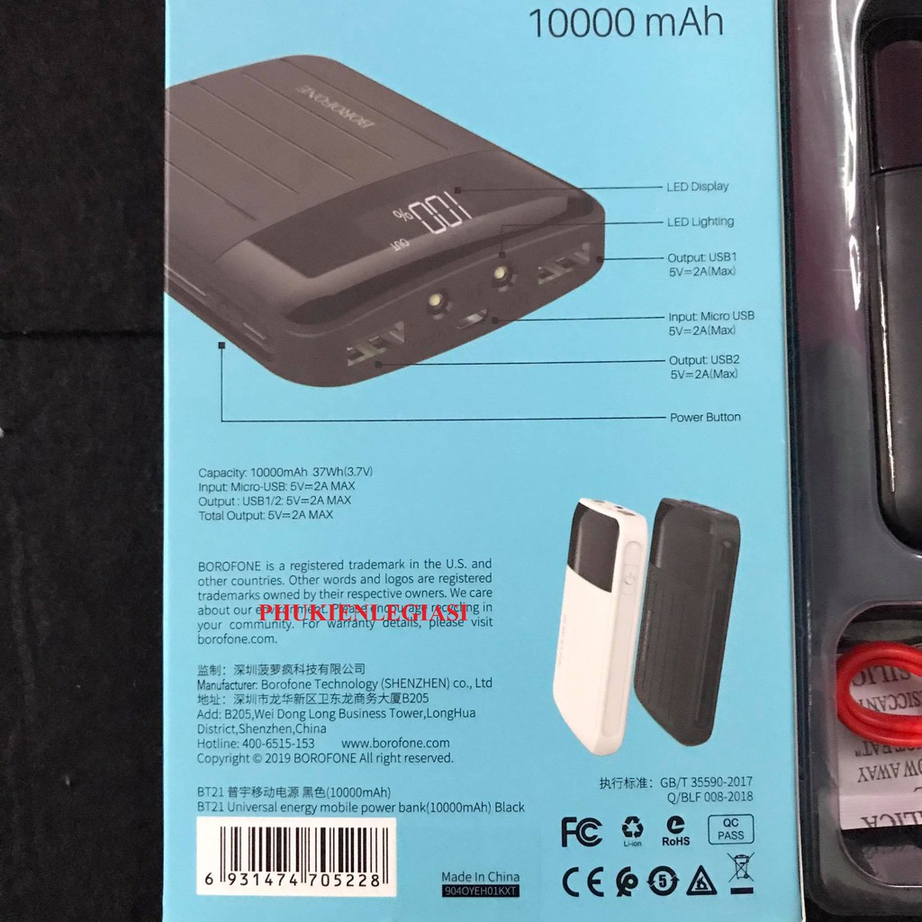 Pin SDP 10000MAH BOROFONE BT21 gồm 2 cổng usb và 2 đèn Led