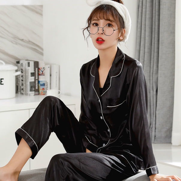 Bộ đồ ngủ tay dài chất lụa mỏng phong cách Hàn Quốc thời trang cho nữ