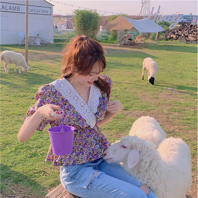 SUXI Áo kiểu cổ chữ V họa tiết hoa xinh xắn thời trang phong cách Pháp cho nữ