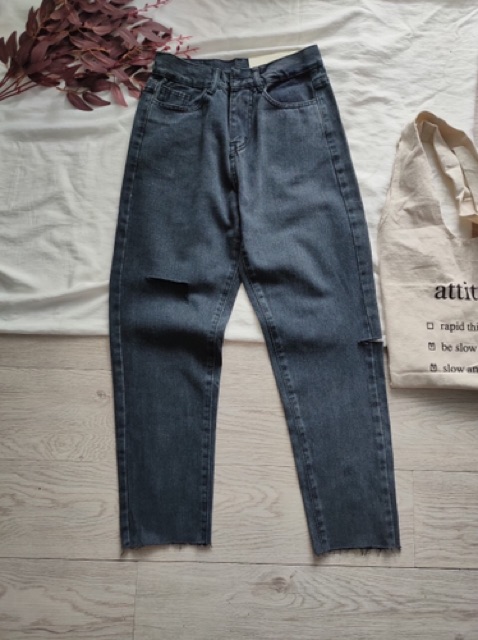 Quần baggy jean đen tiêu rách sườn và gối, kèm ảnh thật trải sàn