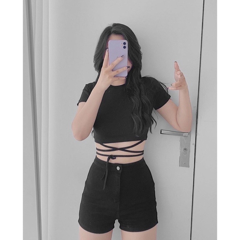 Áo Croptop Đan Dây Eo Nữ [FREESHIP]  Phông Thun Body Dáng Ôm Thiết Kế Basic  Màu ĐEN | TRẮNG Ulzzang HOT