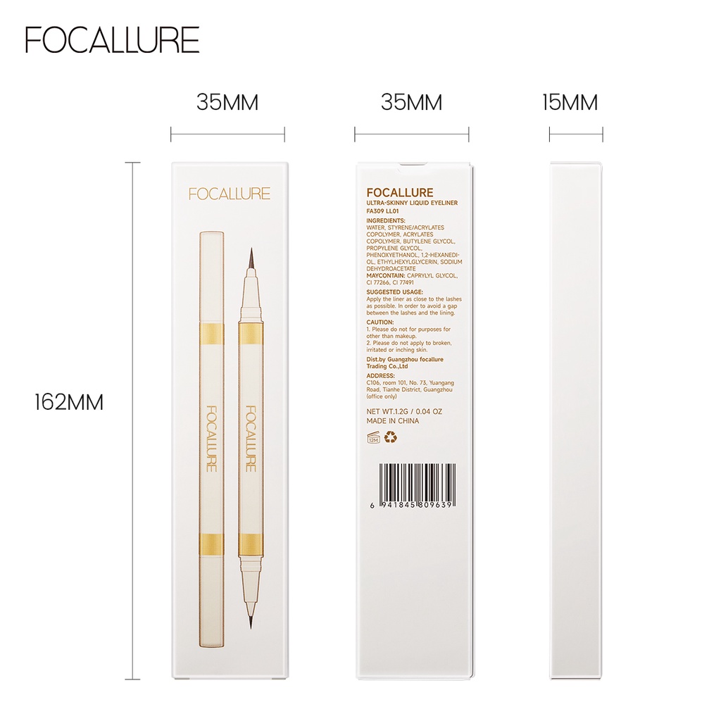 Focallure #Bút Kẻ Mắt Dạng Lỏng 2 Trong 1 Nhanh Khô Màu Đen / Nâu Hổ Phách