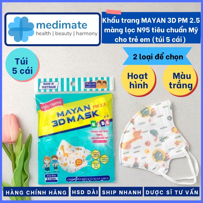 Khẩu trang MAYAN 3D PM 2.5 Kids++ màng lọc N95 theo tiêu chuẩn Mỹ bảo vệ gấp 4 lần cho trẻ em (túi 5 cái freesize)