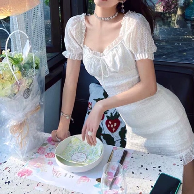 Váy trắng body tay bồng ulzzang