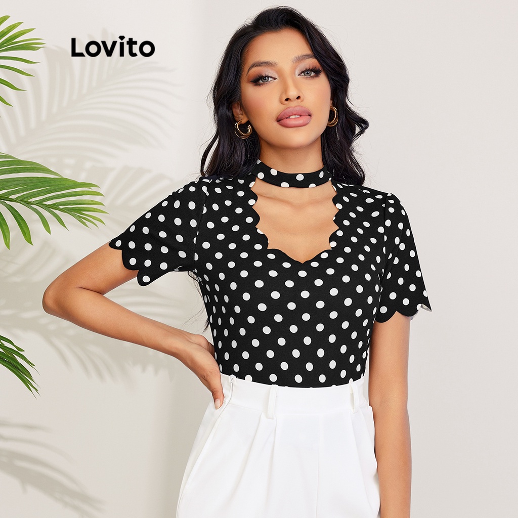 Áo thun Lovito thiết kế ren tương phản họa tiết chấm bi L27LD072 (màu đen)