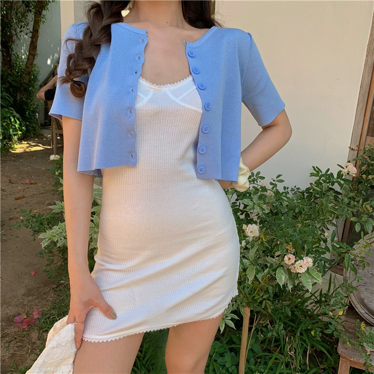 Cocory vn Áo ngắn dệt kim tay ngắn cổ tròn thiết kế quyến rũ hợp thời trang