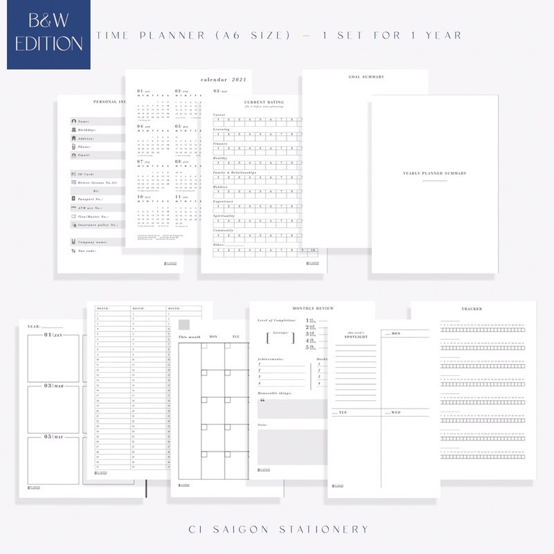 Sổ Time Planner size A6 bản trắng đen (gồm bìa, ruột, phân trang)