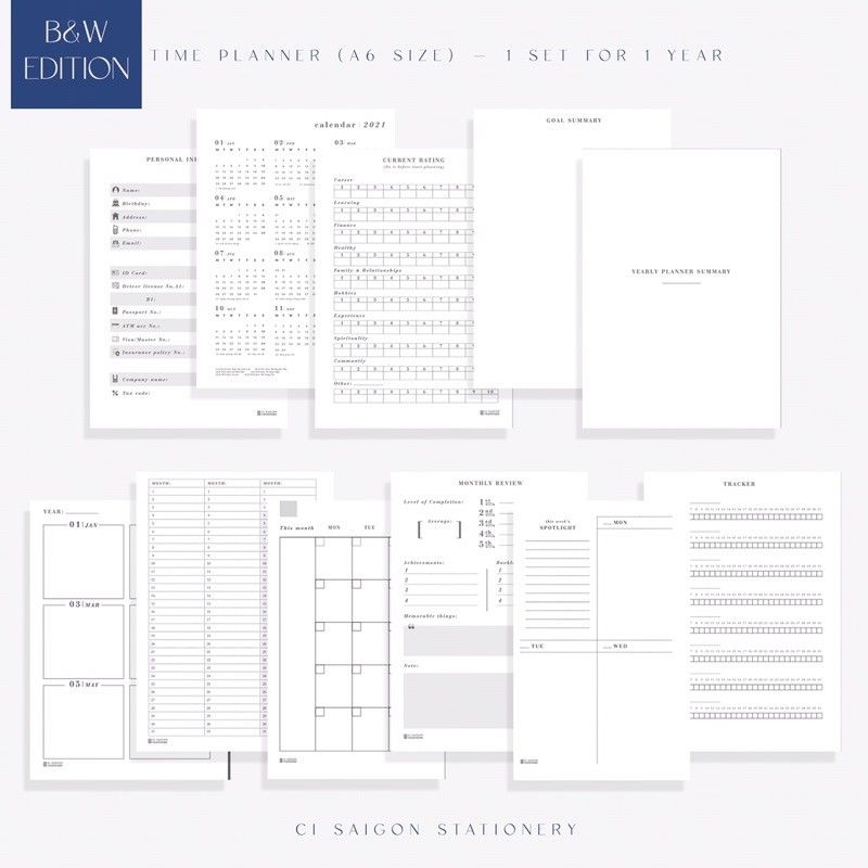 Sổ còng lập kế hoạch/học tập Time Planner size A6 bản trắng đen
